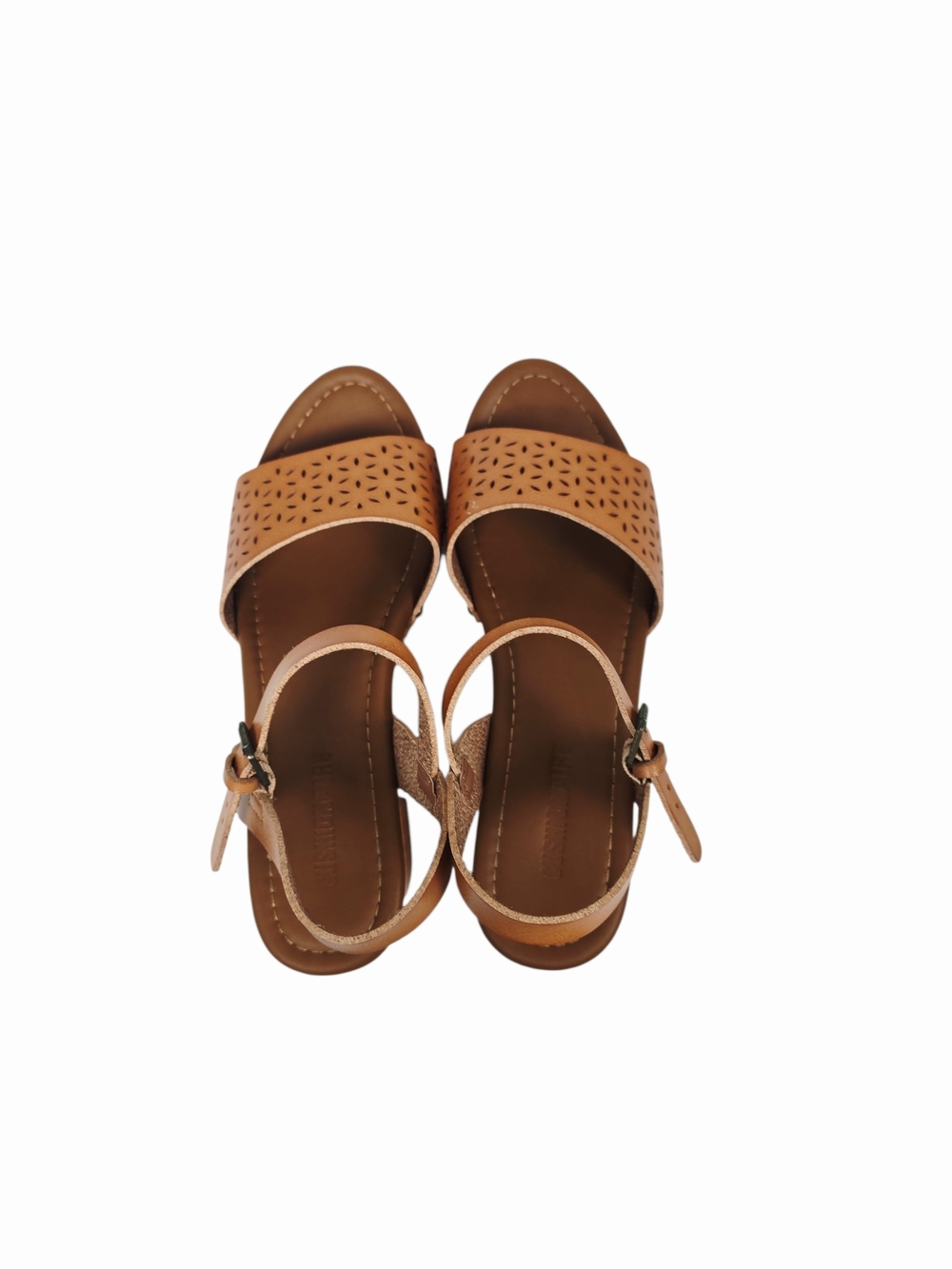 Women's Tan Woodgrain Look Laser-Cut Block Heel Sandals with Ankle Strap - Picture 9 of 16